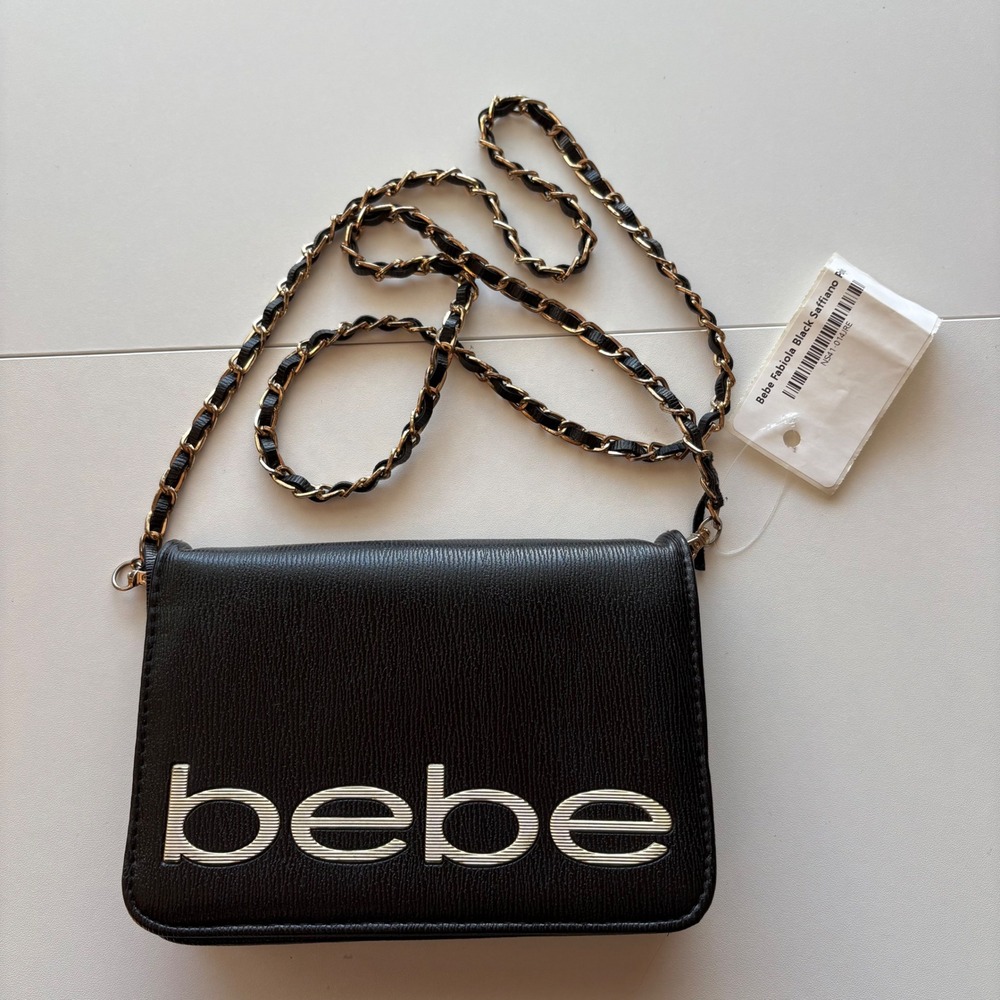 Bebe Fabiola Black Saffiano Crossbody Chain Shoulder Bag